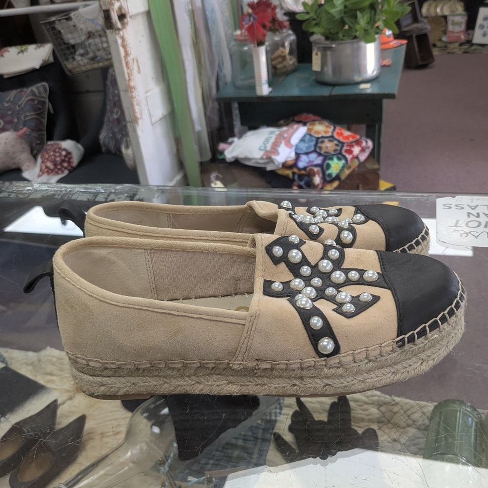 Sam Edelman Celton Leather Espadrille Pearl Beaded Platform Shoes 7.5 Tan Brown - Picture 2 of 5